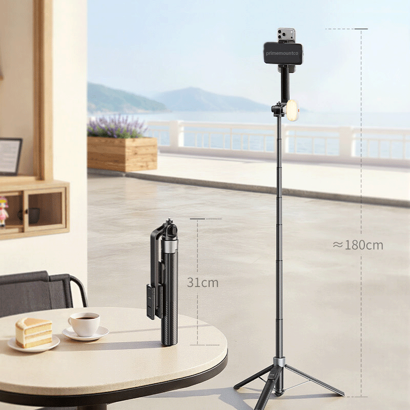 Phone tripod selfie stick with fill light, 180cm extendable travel vlogging stand
