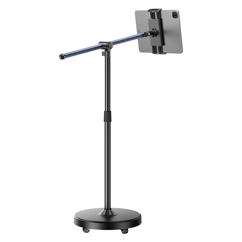 Rolling Overhead Phone & Tablet Floor Stand, 50cm Arm, Height Adjustable, 360° Wheels