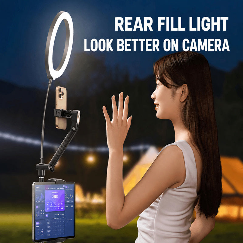 live stream phone stand with ring fill light, dual device holder for recording