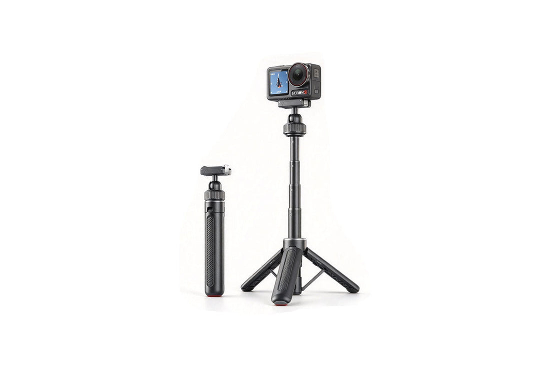 Extendable action camera tripod with magnetic quick-release mount and anti-slip base