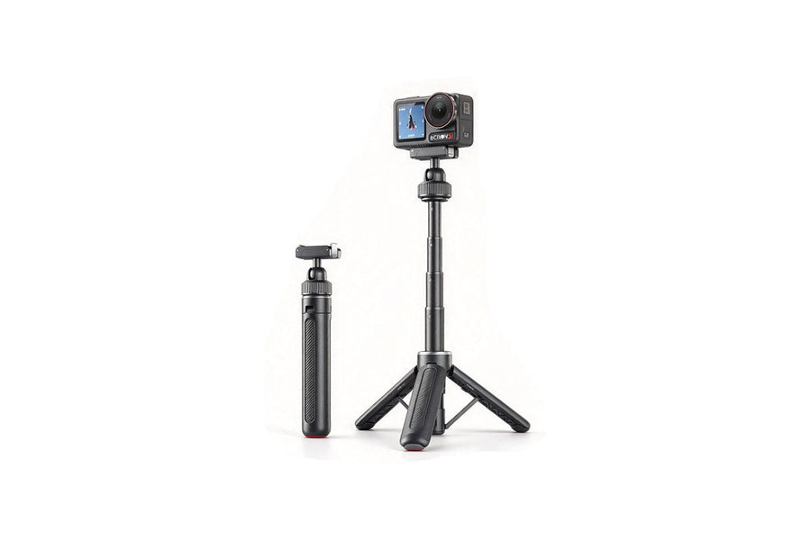 Extendable action camera tripod with magnetic quick-release mount and anti-slip base