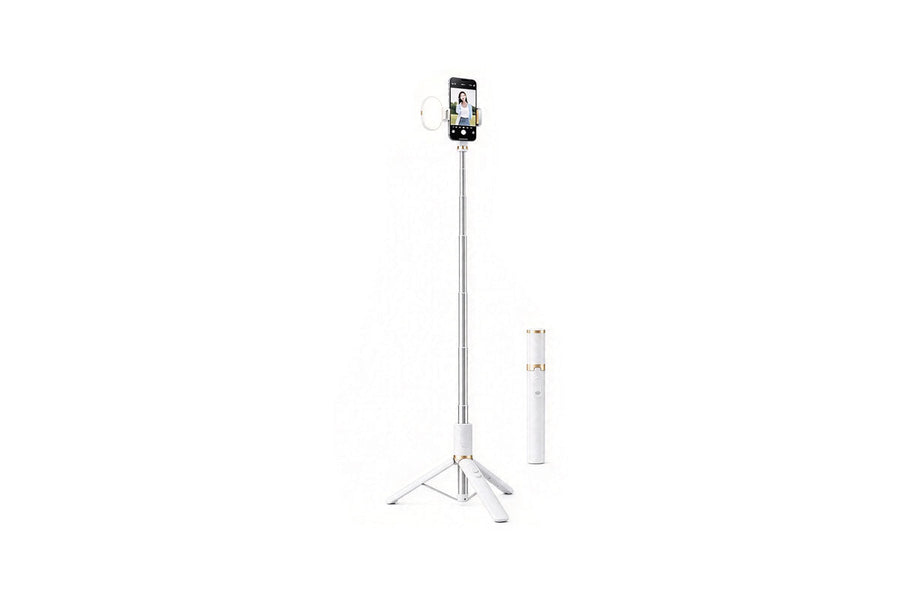 Outdoor phone tripod selfie stick with stabilized legs and cold shoe mount