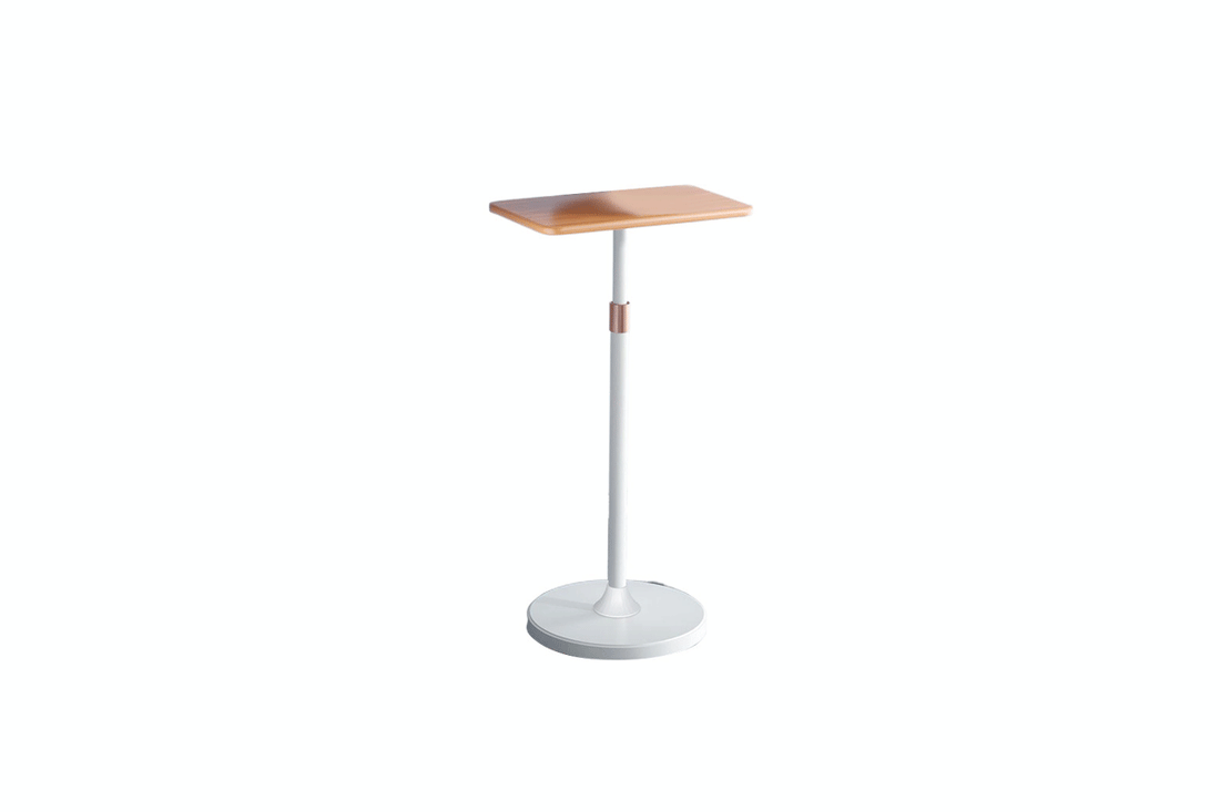 Height-adjustable floor laptop stand with solid wood tabletop in a home office