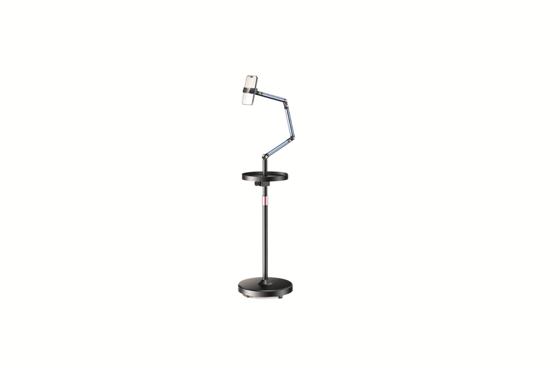 Rolling floor boom arm stand holding a phone for live streaming