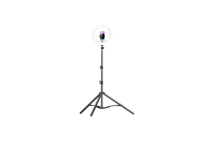 Adjustable floor phone tripod stand set up for live streaming