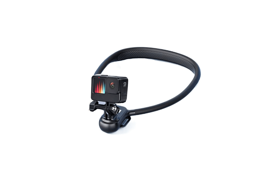 Magnetic neck phone holder positioned for hands-free POV video recording