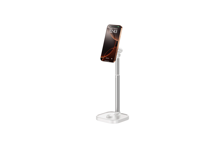 Magnetic desktop phone stand with weighted base and adjustable height