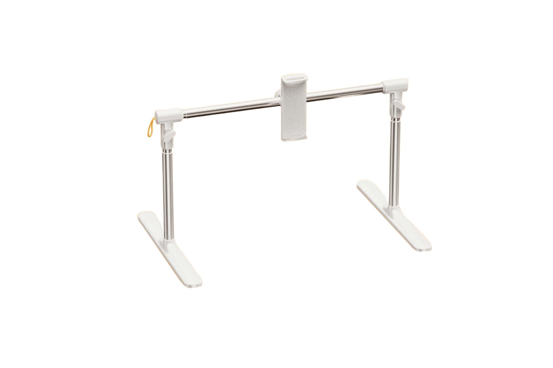Adjustable overhead phone stand positioned above a desk for top-down filming