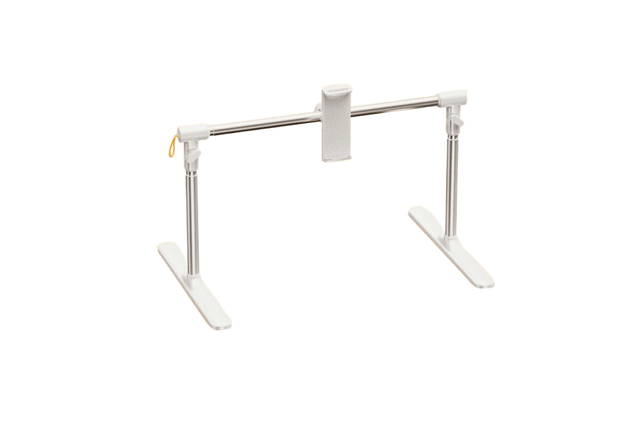 Adjustable overhead phone stand positioned above a desk for top-down filming