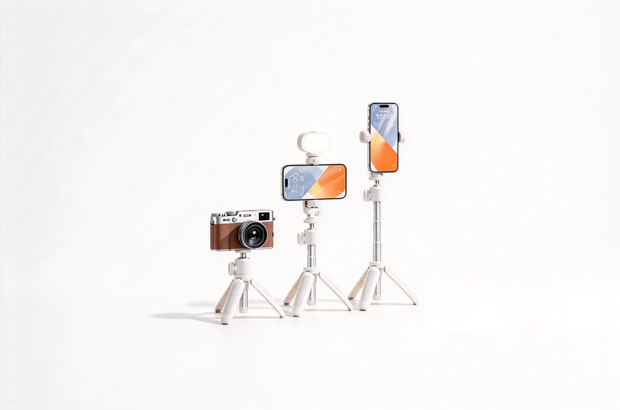 Portable aluminum mini tripod supporting a phone on a tabletop