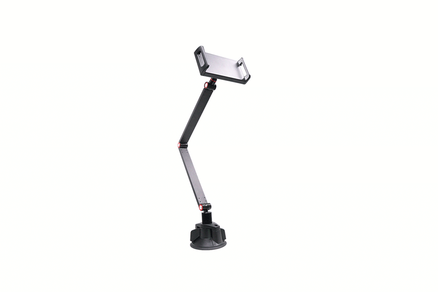 Vacuum suction tablet stand with dual adjustable arms mounted on a smooth desk