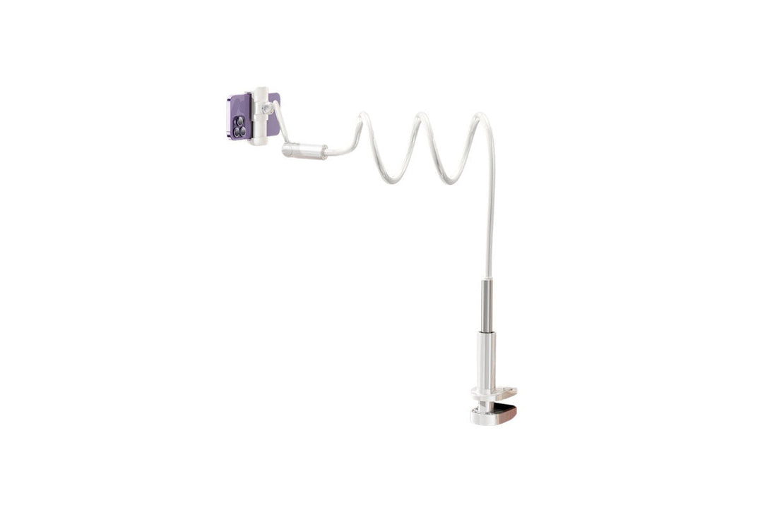 Clamp-mounted gooseneck phone and tablet stand adjusted beside a bed