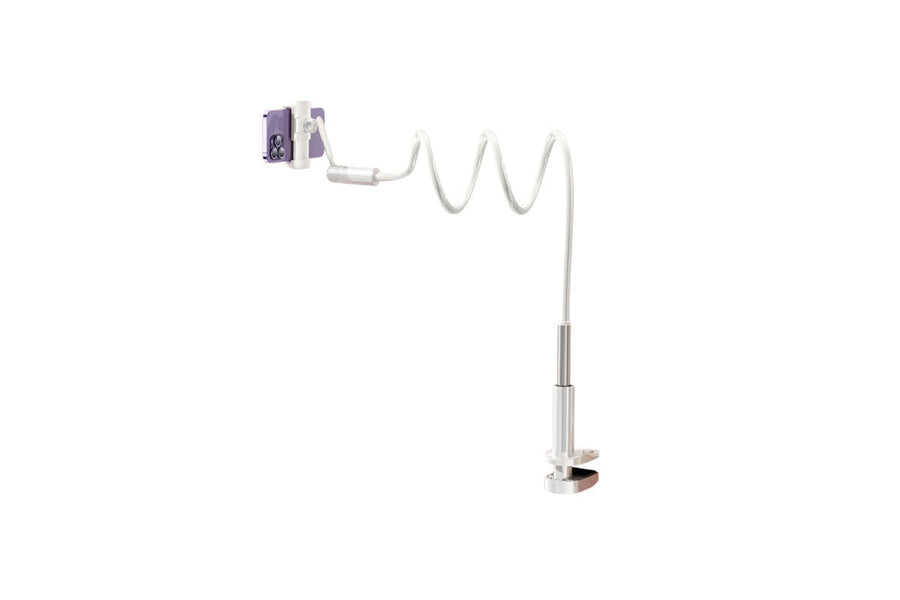Clamp-mounted gooseneck phone and tablet stand adjusted beside a bed