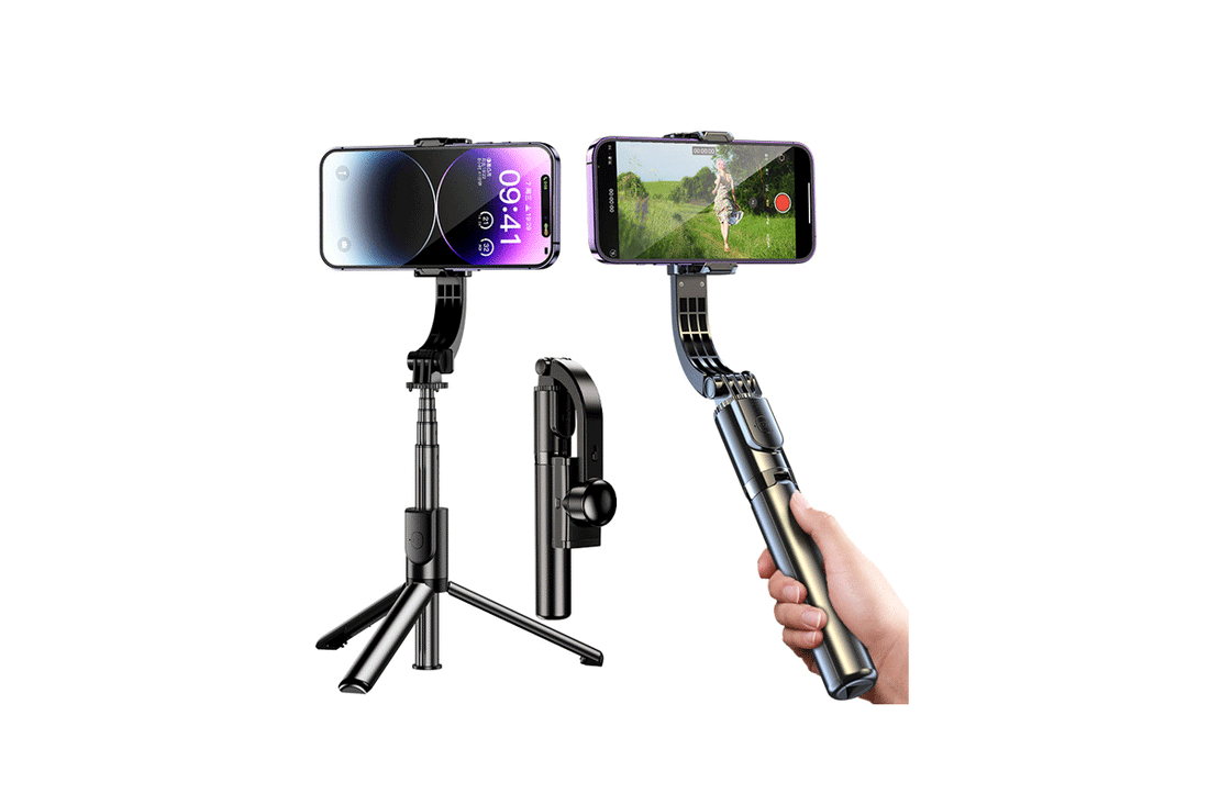Compact mini gimbal selfie stick extended for stabilized phone video recording
