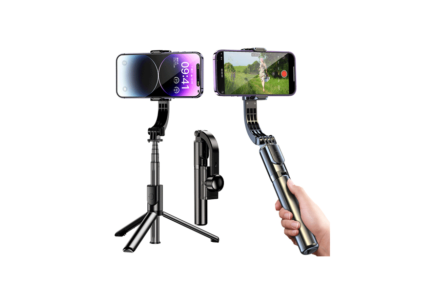 Compact mini gimbal selfie stick extended for stabilized phone video recording