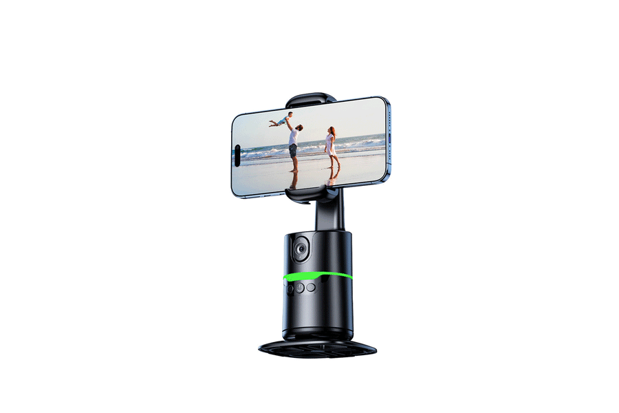 Auto face-tracking phone gimbal holding a phone on a streaming desk