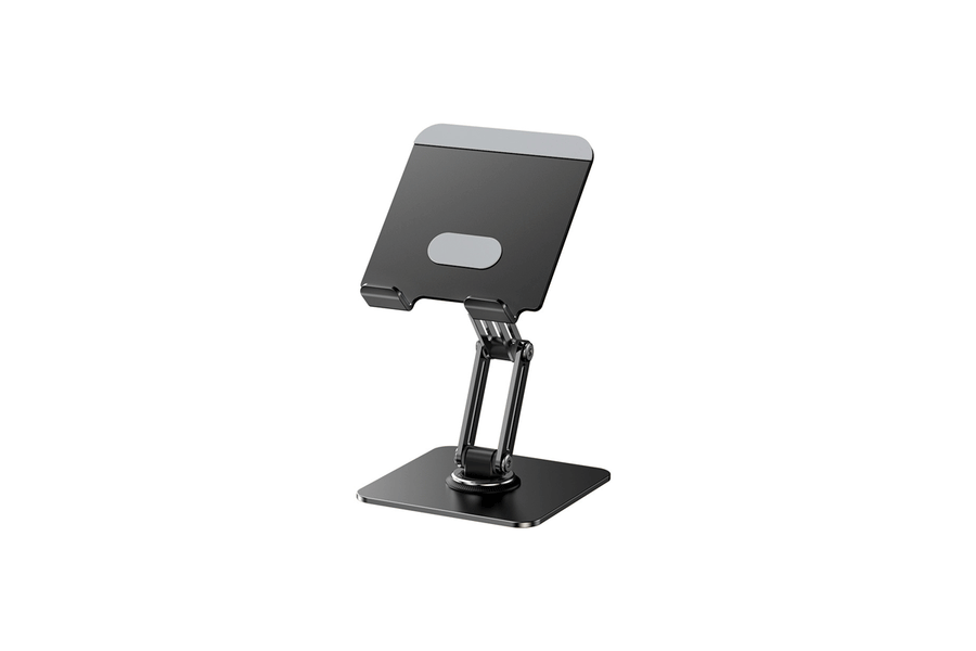Rotatable aluminum tablet stand with dual support arms on an office desk