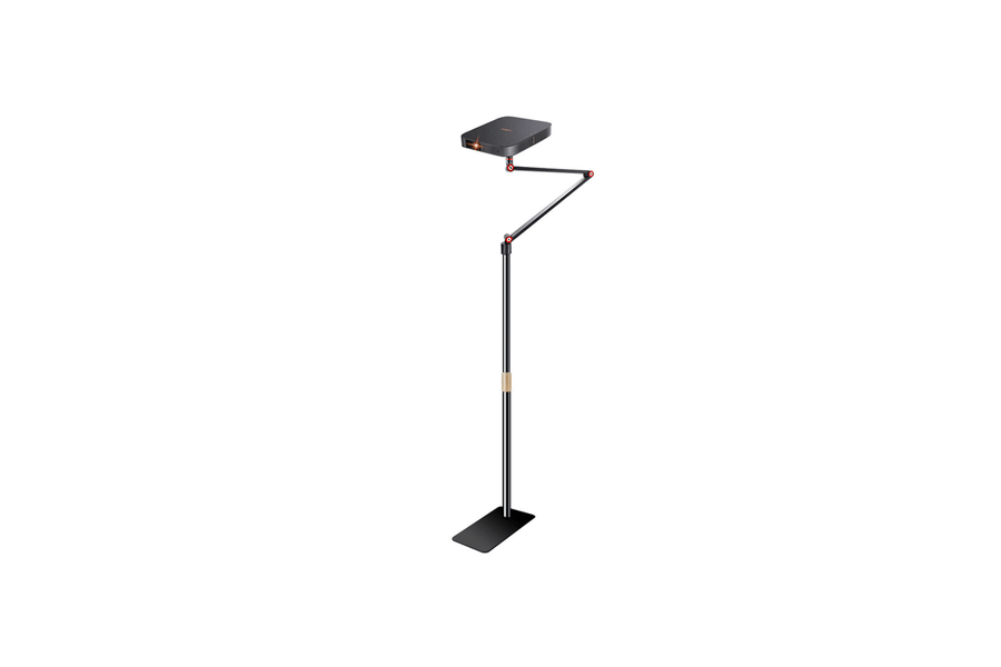 Adjustable floor projector stand with rotating head in a home theater setup