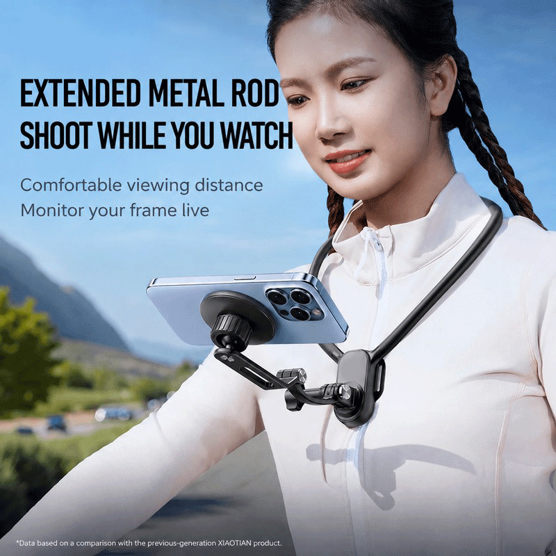Extended metal rod neck phone mount, monitor frame while shooting outdoor vlog