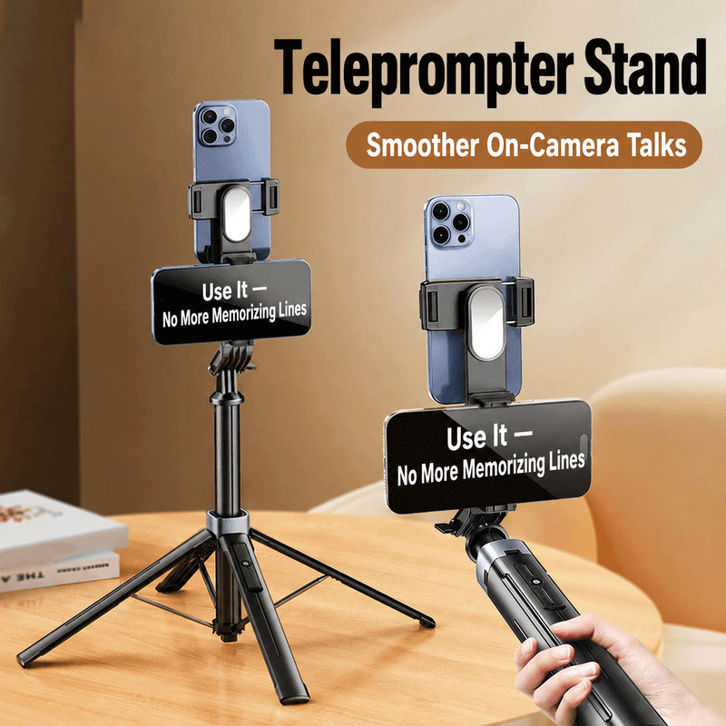 Dual-phone teleprompter tripod stand with two phone holders