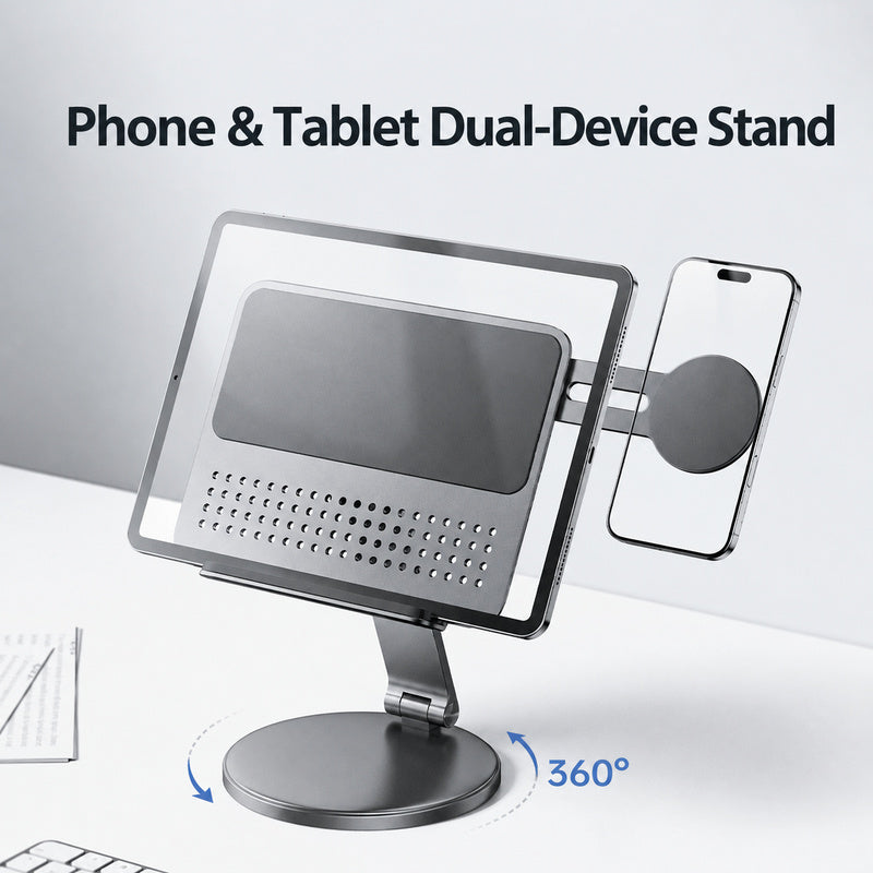 Phone and tablet dual device stand, 360° swivel base, integrated cooling tray
