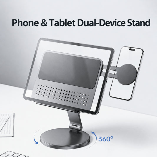 Phone and tablet dual device stand, 360° swivel base, integrated cooling tray