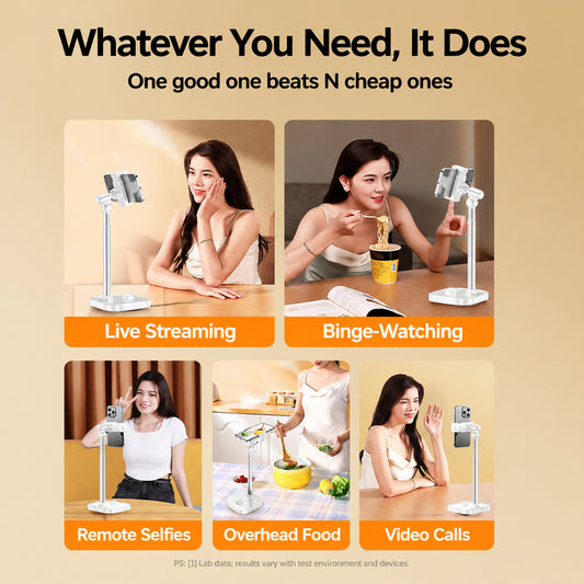 Overhead phone holder adjusted for live streaming
