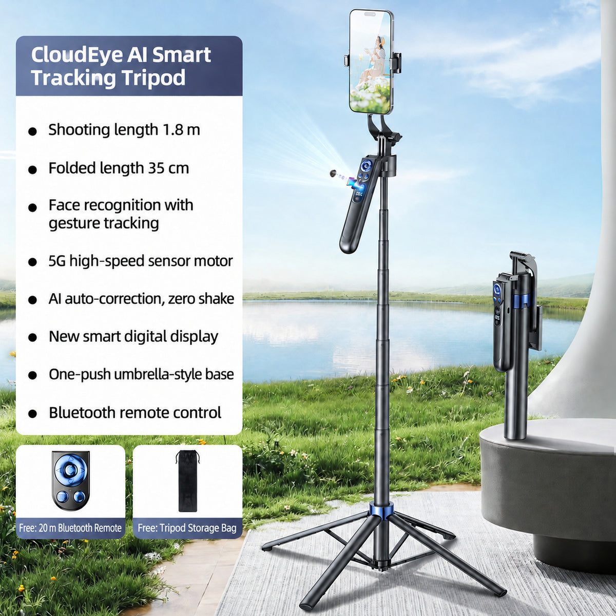 Smart AI phone tripod, gesture control, 1.8m extendable height