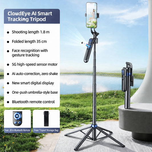 Smart AI phone tripod, gesture control, 1.8m extendable height