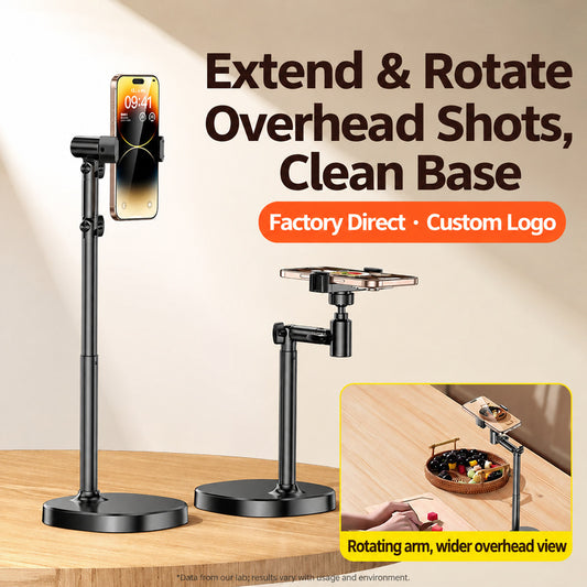 Adjustable overhead phone stand above a desk