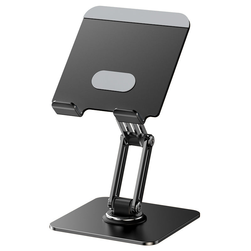 Foldable aluminum tablet stand viewed from the side