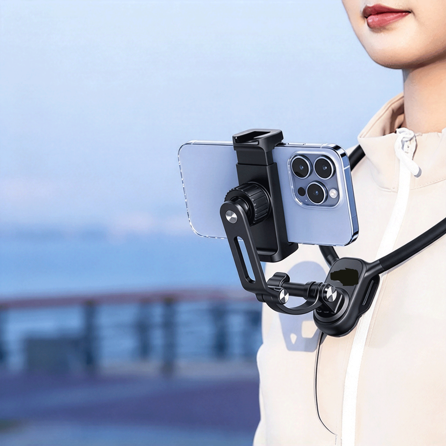Flexible neck mount with extended metal rod for smartphone POV vlog recording