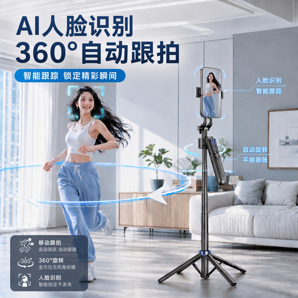 180cm AI Face Tracking Selfie Stick Tripod, 360° Rotation with Bluetooth Remote