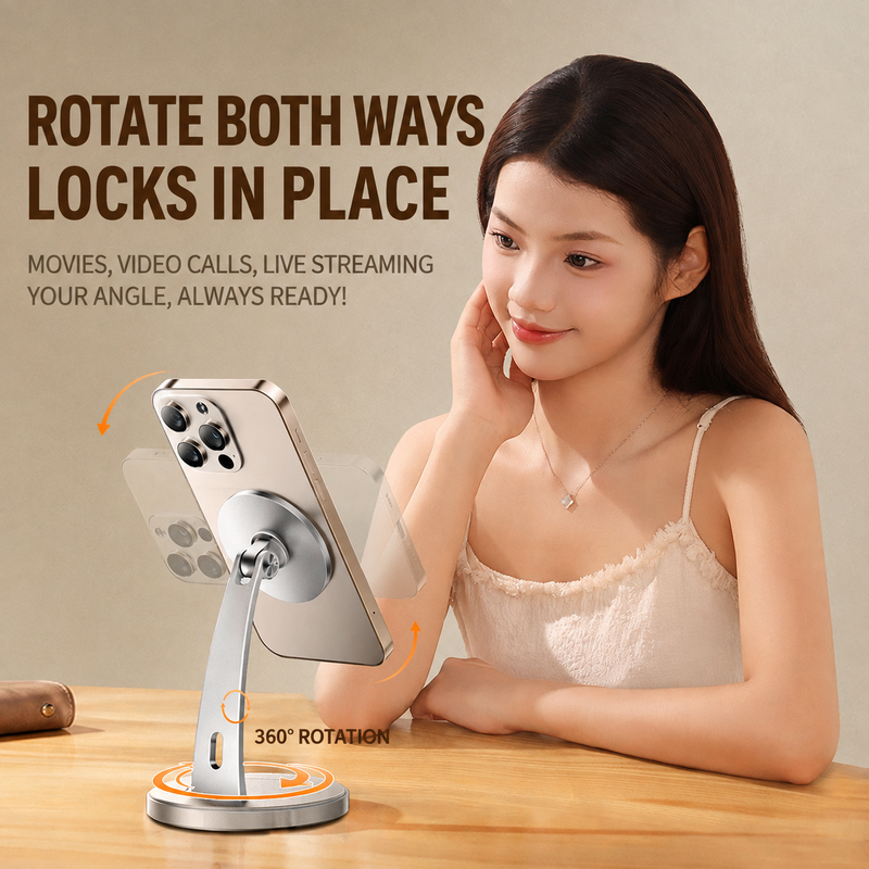 Magnetic Phone Stand, 360° Rotatable Aluminum Desktop Phone Holder for Live Streaming, Video Calls