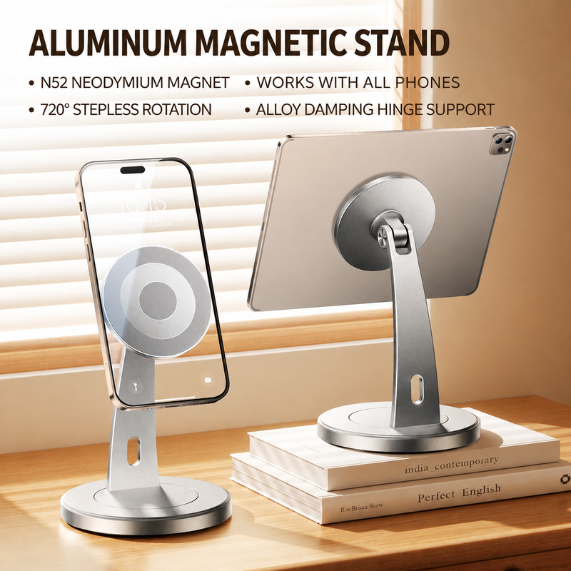 Magnetic Phone Stand, 360° Rotatable Aluminum Desktop Phone Holder for Live Streaming, Video Calls