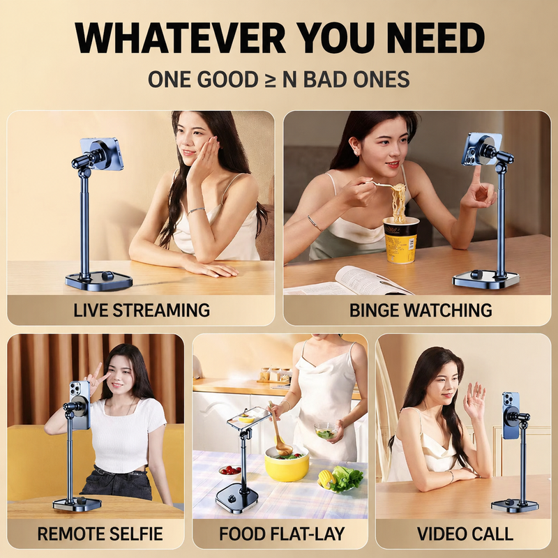 Height Adjustable Magnetic Desktop Phone Stand, 360° Rotation 180° Tilt Phone Holder for Live Streaming & Overhead Shooting