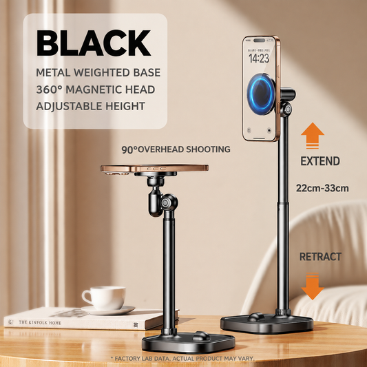 Height Adjustable Magnetic Desktop Phone Stand, 360° Rotation 180° Tilt Phone Holder for Live Streaming & Overhead Shooting