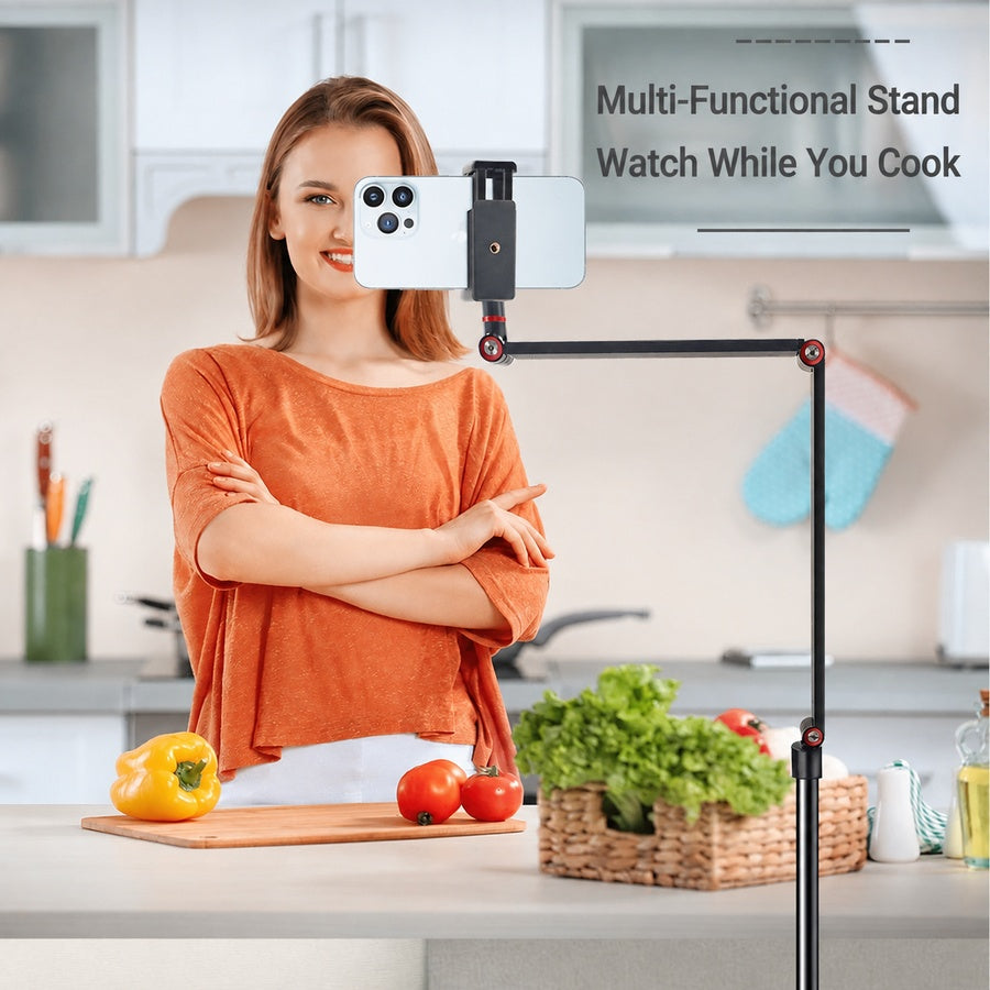 Floor phone stand, multi-angle adjustable, hands free viewing while cooking