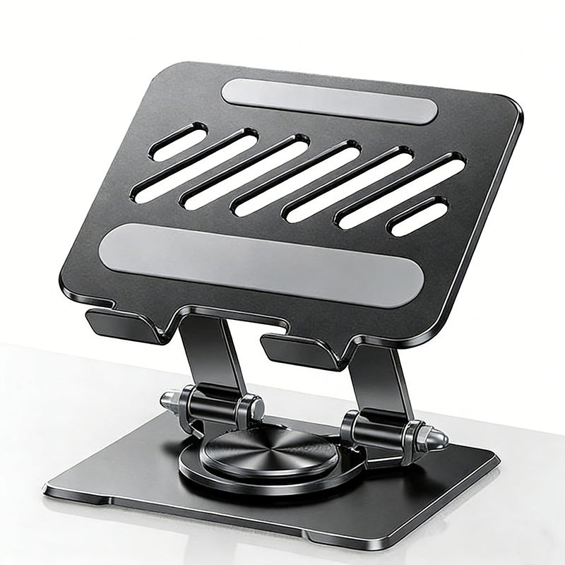 Foldable carbon steel tablet stand with a rotating base