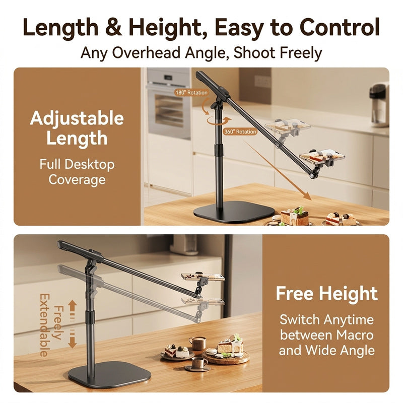 Overhead phone stand, adjustable length, 360 degree rotatable