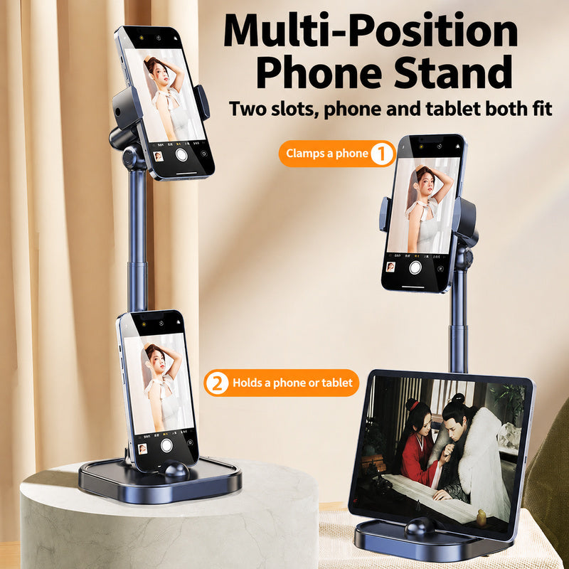 Dual-position phone and tablet stand on a desk
