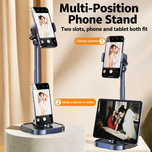 Dual-position phone and tablet stand on a desk