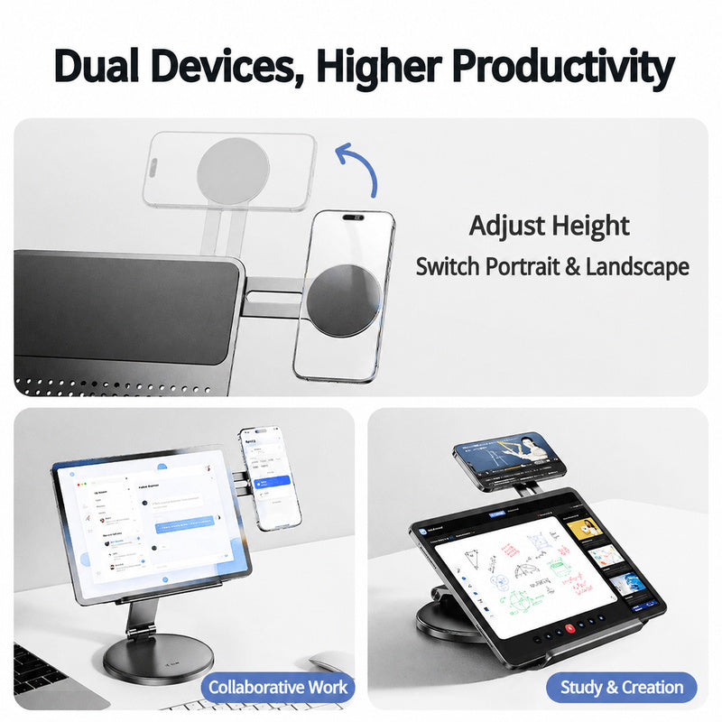 Dual screen tablet phone stand, height adjustable, portrait landscape switchable