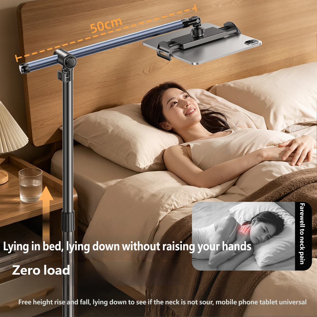 Rolling Overhead Phone & Tablet Floor Stand, 50cm Arm, Height Adjustable, 360° Wheels