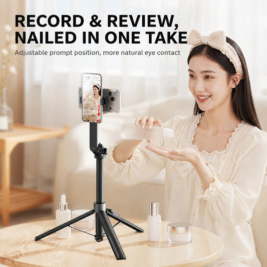 Dual phone holder tripod with teleprompter function, indoor live streaming video recording stand