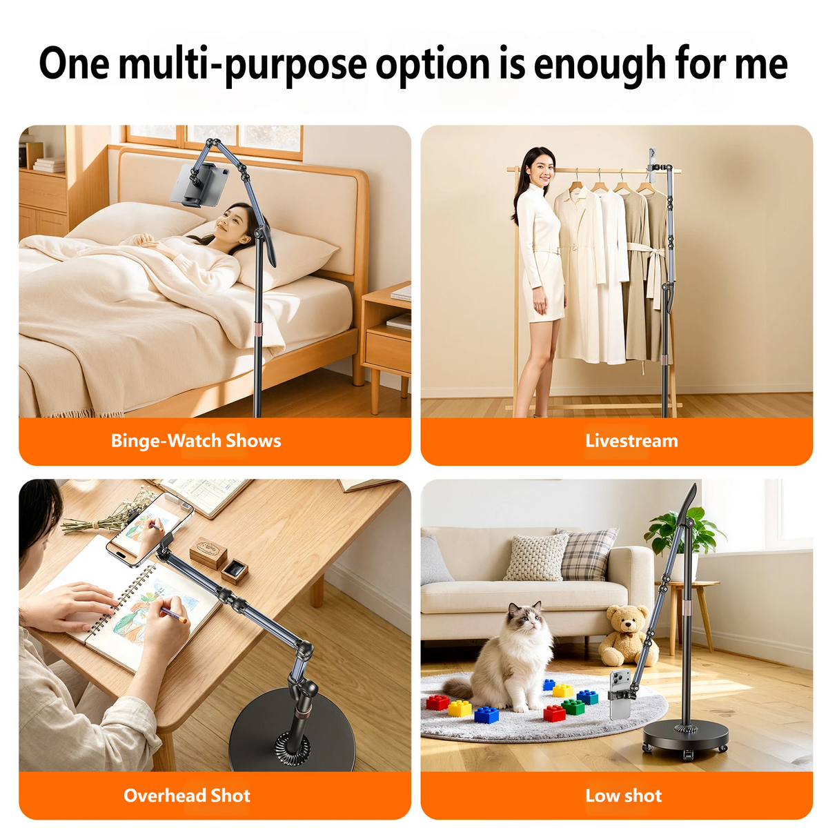165cm Rolling Floor Stand, 3-Arm Phone & Tablet Holder, 720° Adjustable