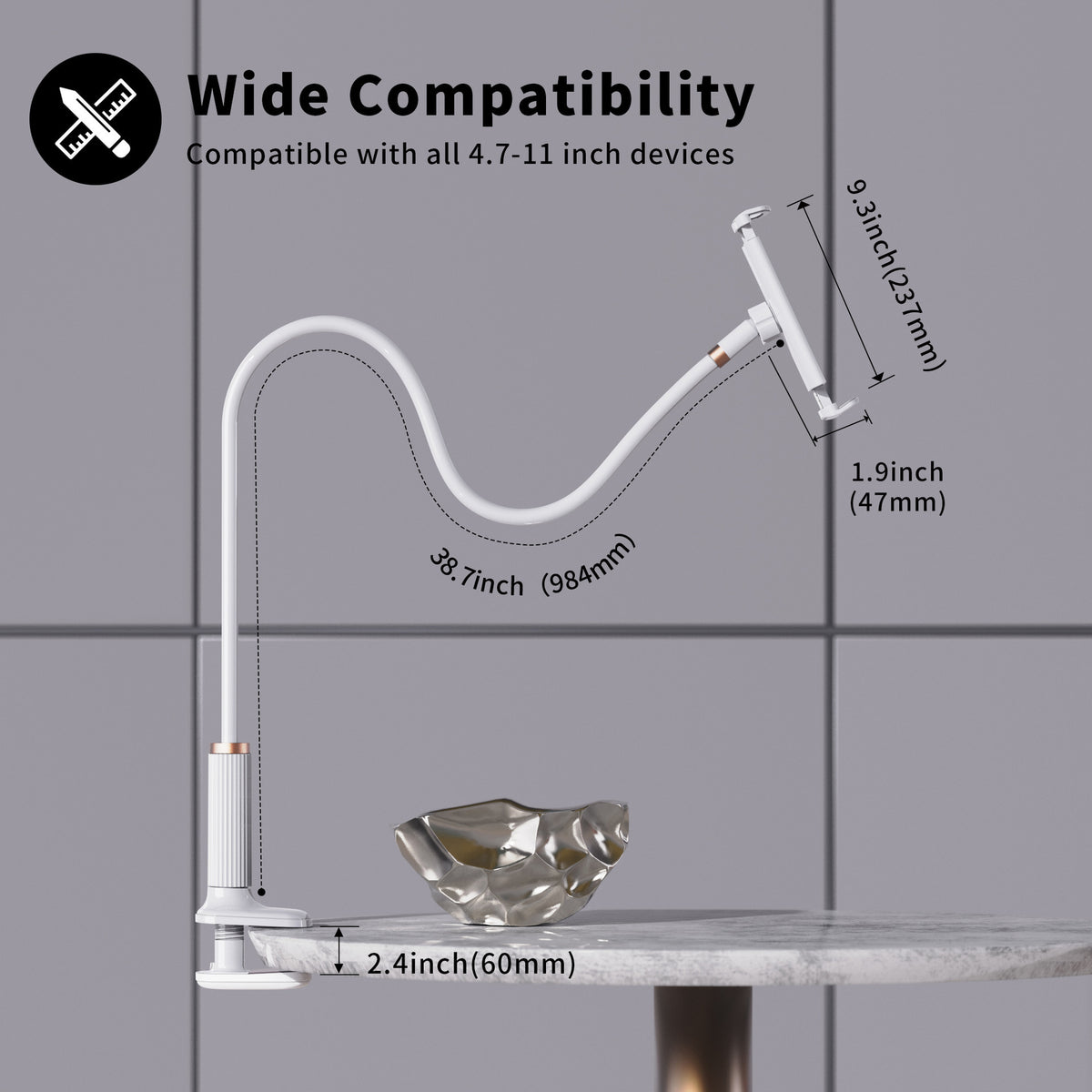 Gooseneck clamp stand, 4.7-11 inch, wide compatibility for phone tablet