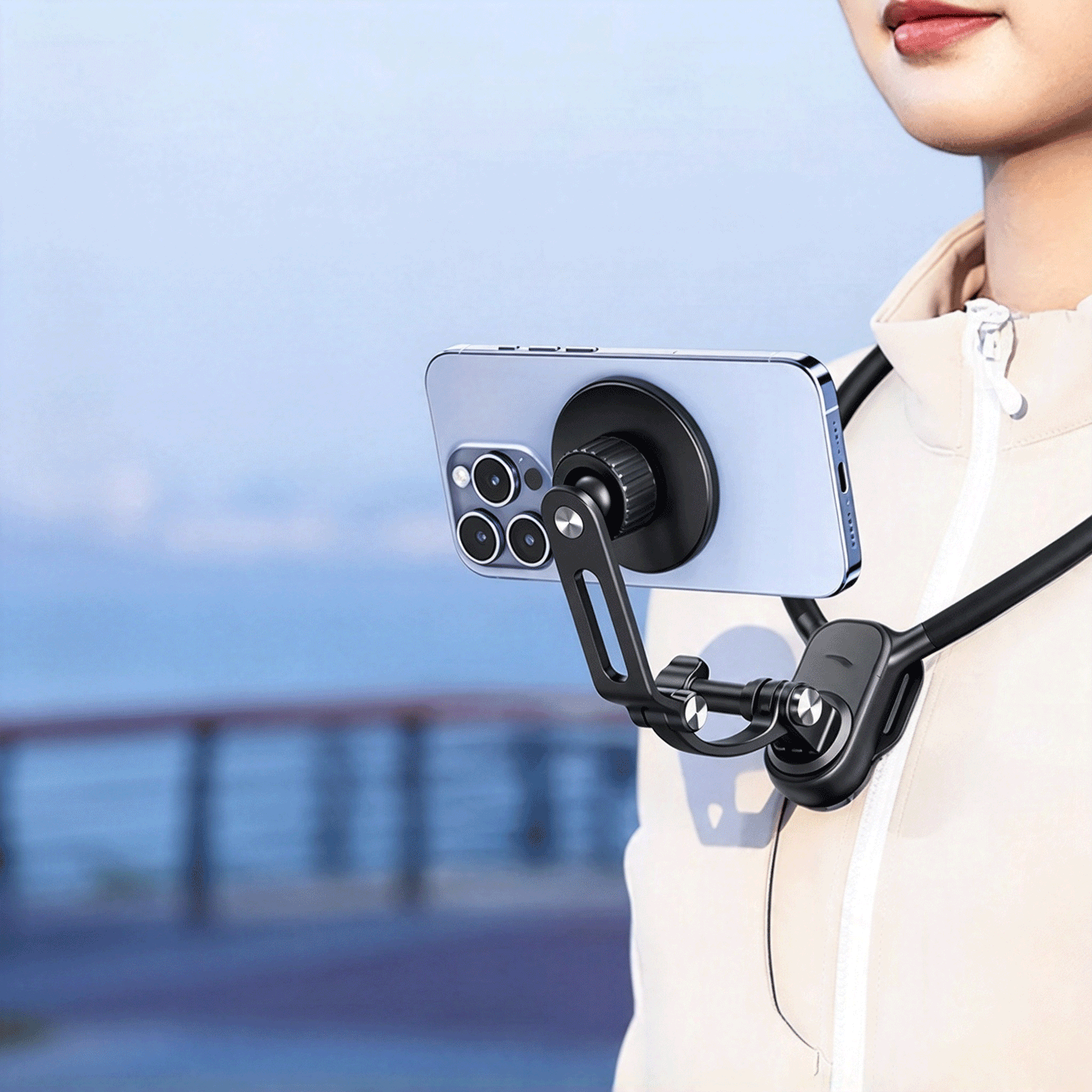 Magnetic phone neck mount, adjustable bracket for hands-free vlog shooting