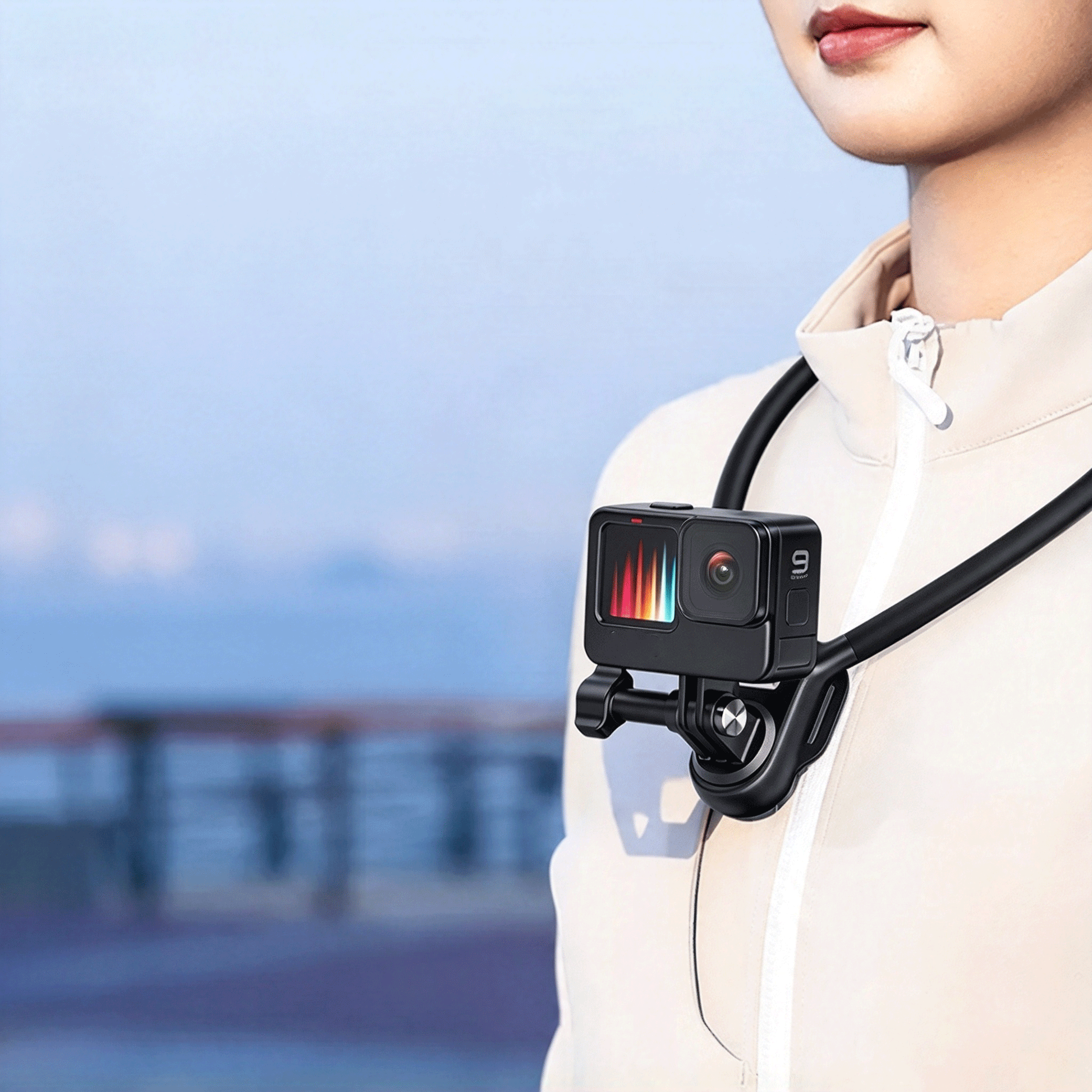 Neck mount holder for GoPro action camera, first-person view video shooting