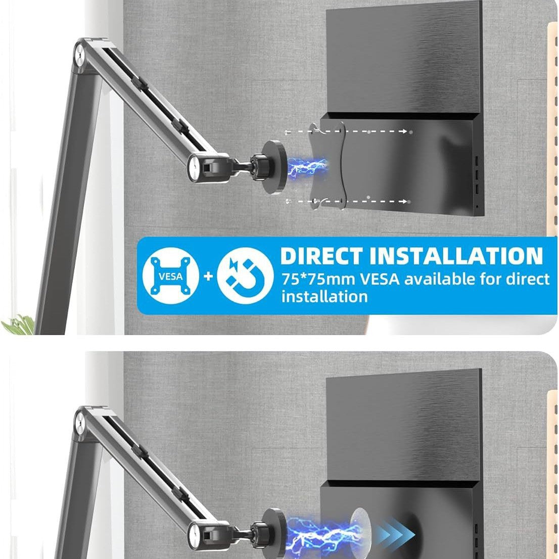 Magnetic VESA monitor arm installation guide, 75x75mm VESA quick direct mounting for monitor stand